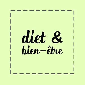 Le fon est d'un vert assez pâle. Un carré en pointillés s'en découpe, et au centre le titre de l'émission : "Diet & bien être", dans une police manuscrite attachée.
