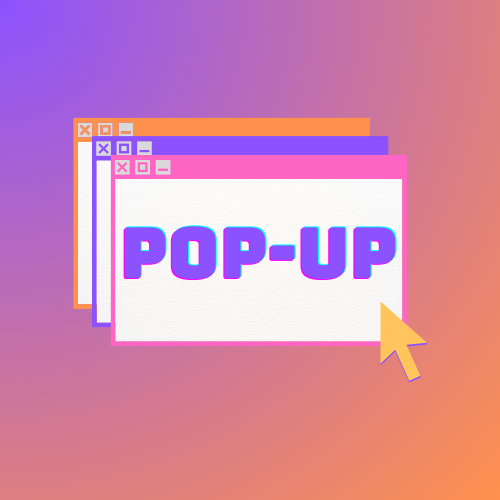 Le fond est un dégradé diagonal de violet à orange. Au centre de l'image, trois petites fenêtres se superposent : une orange, une violette, et une rose. Au milieu de la rose, placée par dessus les deux autres, le titre de l'émission "POP-UP", dans une police violette très années 90'. En bas, à droite de la fenêtre rose, un curseur de souris jaune semble s'apprêter à cliquer.