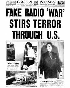 New York Daily News. October 31st, 1938. Maint title: Fake radio war stirs terror trhrough US