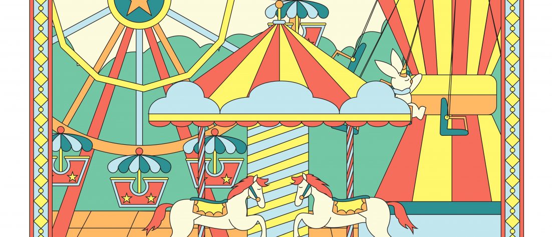 Affiche du festival Les Toiles des Mômes, entièrement illustrée. L'image, formée comme un vitrail, présente une fête foraine colorée, au centre de laquelle se trouve un carrousel. En dessous de ce carrousel, un gros gâteau d'anniversaire, dont les bougies indiquent le nombre 20. Autour, des lapins dansent et apportent des cadeaux. . Tout en haut, dans un arc de cercle jaune, le nom "Les Toiles de Mômes". Juste en dessous, une légende indique "Festival de cinéma jeune public". Sur la droite, dans un petit nuage orange, on apprend qu'il s'agit de la "20ème édition". Sur la gauche, un signet indique l'organisarion à l'origine de l'événement et les dates : "par le GRAC, du 15 octobre au 4 novembre 2025". Tout en bas de l'affiche, dans un bandeau blanc; plusieurs logos : ceux du GRAC, de la préfecture d'Auvergne-Rgône-Alphes, du CNC, de la région Auverne-Rhône-Alpes, de l'AFCA? DE L4ADRC, et le label Festivals Connexions.