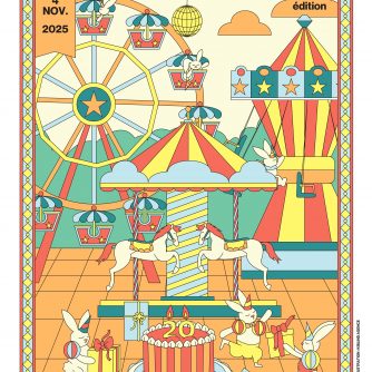 Affiche du festival Les Toiles des Mômes, entièrement illustrée. L'image, formée comme un vitrail, présente une fête foraine colorée, au centre de laquelle se trouve un carrousel. En dessous de ce carrousel, un gros gâteau d'anniversaire, dont les bougies indiquent le nombre 20. Autour, des lapins dansent et apportent des cadeaux. . Tout en haut, dans un arc de cercle jaune, le nom "Les Toiles de Mômes". Juste en dessous, une légende indique "Festival de cinéma jeune public". Sur la droite, dans un petit nuage orange, on apprend qu'il s'agit de la "20ème édition". Sur la gauche, un signet indique l'organisarion à l'origine de l'événement et les dates : "par le GRAC, du 15 octobre au 4 novembre 2025". Tout en bas de l'affiche, dans un bandeau blanc; plusieurs logos : ceux du GRAC, de la préfecture d'Auvergne-Rgône-Alphes, du CNC, de la région Auverne-Rhône-Alpes, de l'AFCA? DE L4ADRC, et le label Festivals Connexions.