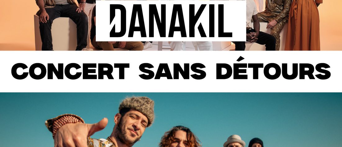 Affiche du concert Sans Détours, avec le groupe Danakil et le groupe La Caravane Passe, organisé par Jaspir. L'image est divisée en deux. Au centre de l'affiche, un cadre séparateur annonce le titre de l'événement : Concert sans détours. En haut, sur un fons plutôt chaud d'une couleur jaune orangée, les membres du groupe Danakil accompagnés pour certains de leurs instruments de musique. Le nom de leur groupe apparait en gros. En haut à gauche, le logo de Jaspir. En bas, une ville se découpe dans un ciel bleu. Les membres du groupe La Caravane Passe regardent l'objectif, les trois plus proches sourient. Les deux autres semblent avoir le soleil dans les yeux. L'indexe du leader est pointé vers le bas, et nous montre le nom du groupe, dans un cadre blanc.