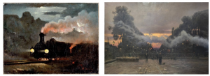 Les tableaux Locomotive dans la Nuit et le Passage  à Niveau.
A gauche, Locomotive dans la Nuit. Une locomotive, qui vient de la droite du cadre, file dans l'obscurité. Ses phares allumés semblent avoir du mal à percer le brouillard. On distingue à peine le paysage en arrière plan, seul le haut des montagnes se découpent dans la lumière d'une lune légèrement voilée par un ciel aux nuages menaçants. La fumée sortant de la cheminée du train a l'air de se mêler à des braises, et le train semble presque enflammée. On sent les influences probablement romantiques du peintre Louis Beysson dans les couleurs autant que dans le trait.
A droite, le Passage à Niveau de William Didier-Pouget. Cette fois-ci, l'élément principal est centré horizontalement. Le premier plan est presque vide : 3 silhouettes humaines se promènent sur un chemin à côté de ce qui semble être un passage à niveau. Ce sont probablement des bergers, puisque qu'un chien les accompagne ainsi que ce qui semble être un troupeau de moutons. Ceux-ci, justement, sont attroupés devant une grande barrière qui sépare la peinture en deux. Derrière la barrière, au centre, une grande locomotive est en train d'arriver. Sur les côtés, en plus des arbres qui longent la voie ferrée, on aperçoit la silhouette d'un village et quelques réverbères. A l'arrière plan, le ciel nuageux laisse entrevoir ce qui peut-être un coucher ou un lever de soleil. 