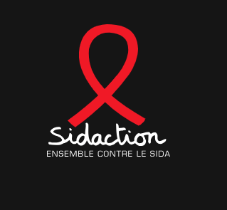 Logo du sidaction : un ruban rouge forme une boucle vers le haut, sur fond noir. Un texte en blanc indique "ensemble contre le SIDA".