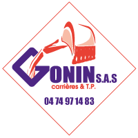 Logo de l'entreprise Gonin. Au centre d'un losange aux contours fins rouges, le nom de famille GONIN, en gros et en bleu ; suivi de la mention "S.A.S" en un peu plus petit. Juste au dessus, un dessin rouge de ce qui semble être un instrument à faire couler du béton, qui se déverse en tous cas dans le G. Le numéro de téléphone de l'entreprise, 04 74 97 14 83, est également affiché.